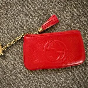 Gucci Soho Leather Mini Zip Card Pouch Key Holder Cash Wallet Red Wristlet
